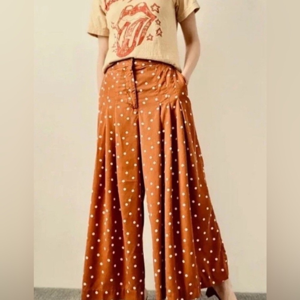 NWT Anthropologie Isobel Wide Leg Pleated Apollo Dot Pants‎ Brown Tan Small